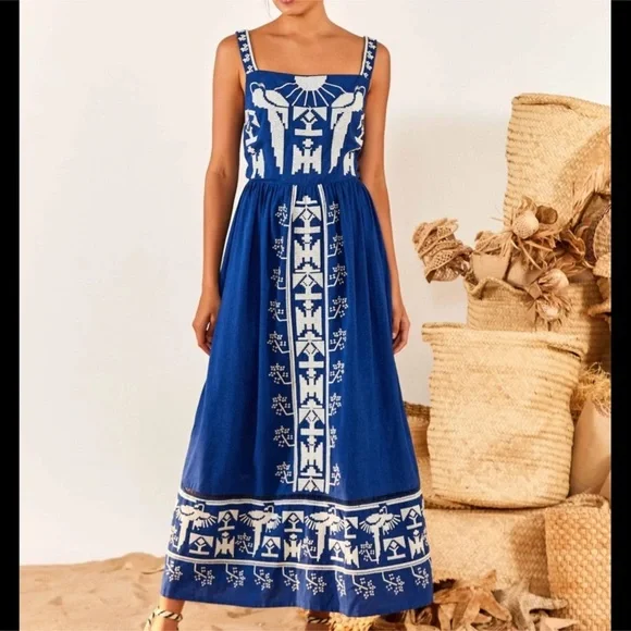 Farm Rio Navy Macaw Embroidered Maxi Dress Navy blue